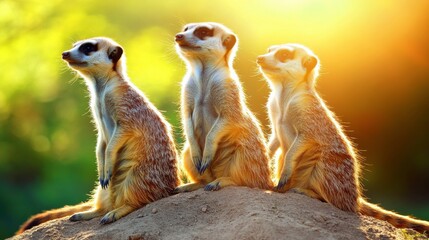 Alert Meerkats Standing on a Hill in Soft Lighting