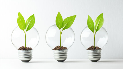 Growth and Innovation: Three light bulbs with sprouting plants inside, symbolizing sustainability, renewal, and the power of ideas.  