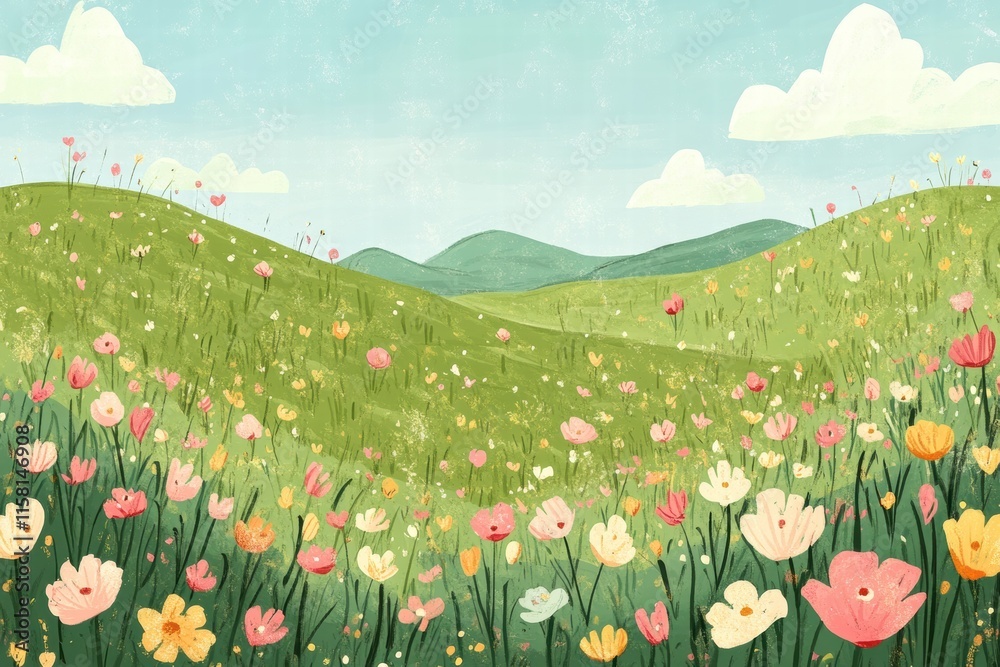 Aufkleber vibrant naive art style landscape with flowers and rolling hills offers ample space for creative tex