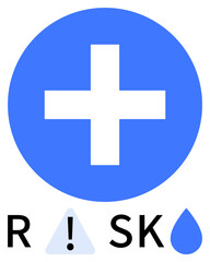 Fototapeta premium Blue circular medical cross, exclamation mark in a triangle, water droplet and RISK. Ideal for health safety, emergency alerts, medical signage, health warnings, hazard alerts, healthcare