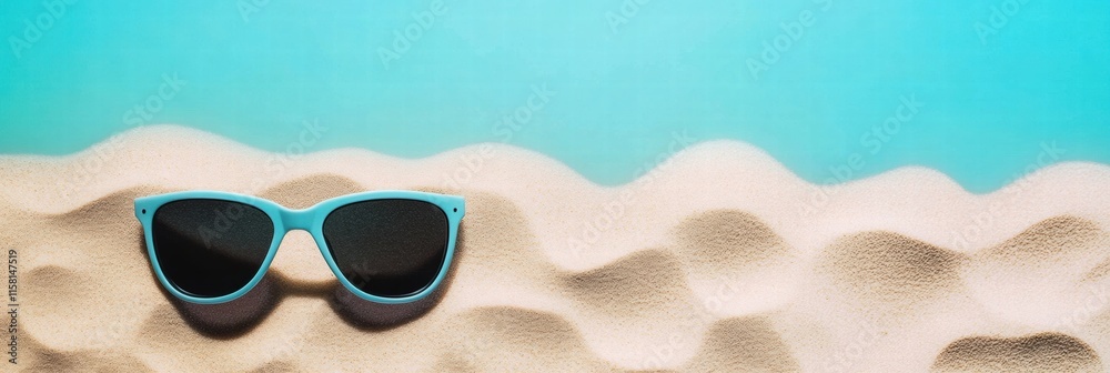 Poster relaxing beach day with stylish sunglasses resting on soft sand under a bright blue sky. generative 
