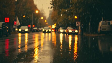 Fototapeta premium Blurry city street in the evening on a rainy day