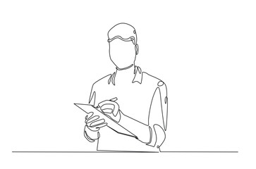 Businessman writing notes continuous one line drawing. Businessman making notes in single line art illustration. Editable vector.