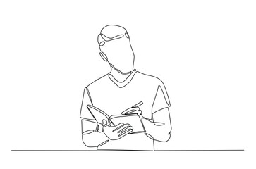 Businessman writing notes continuous one line drawing. Businessman making notes in single line art illustration. Editable vector.