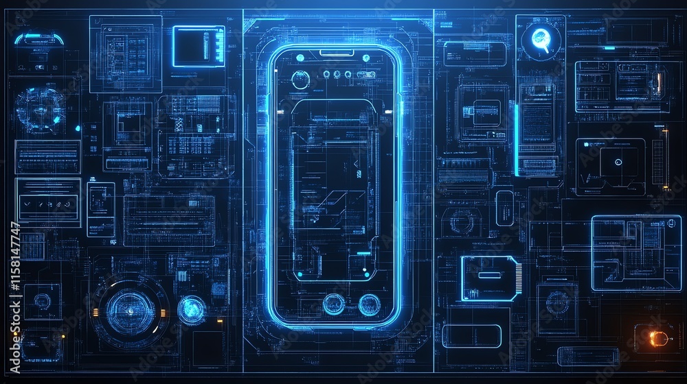 Poster A futuristic digital interface showcasing a smartphone with intricate circuitry and components.
