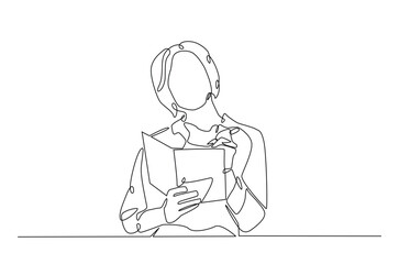 Businesswoman writing notes continuous one line drawing. Woman making notes in single line art illustration. Editable vector.