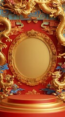 Obraz premium A golden podium with dragon carvings, framed by colorful Chinese New Year decorations, with empty space in the center for a product display