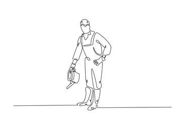 Farmer continuous one line drawing. Farmer and farm equipment in single line art illustration. Editable vector.