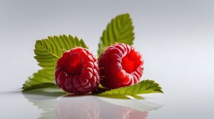 Two ripe raspberries with leaves, isolated on white background