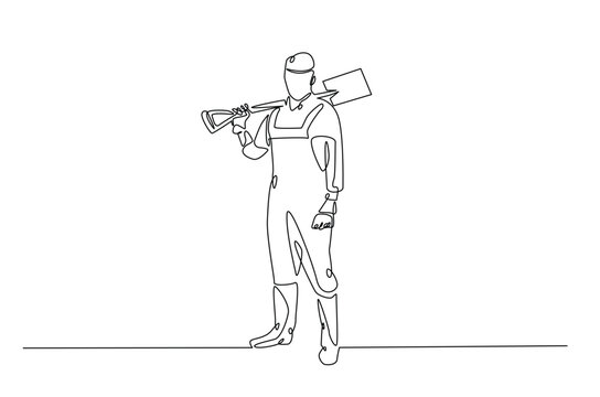 recommend clip art: Farmer holding shovel continuous one line drawing. Farmer and farm equipment in single line art illustration. Editable vector.