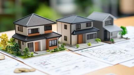 House models sit on real estate papers. Illustrates concepts of home buying, property, and finance.