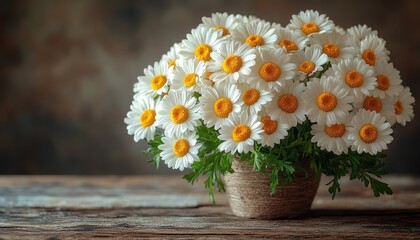 Obraz premium A rustic bouquet of white daisies in a burlap pot. Perfect for spring, summer, or Mother's Day designs.