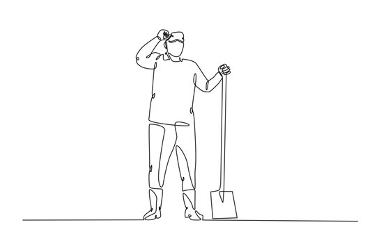 recommend clip art: Farmer holding shovel continuous one line drawing. Farmer and farm equipment in single line art illustration. Editable vector.