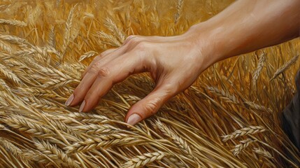 A hand gently touches golden wheat in a field, symbolizing nature and harvest.
