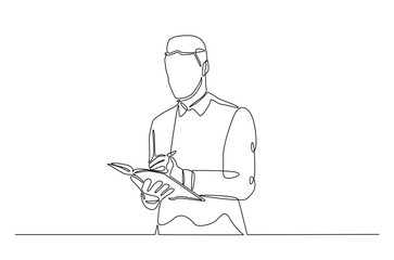 Businessman writing notes continuous one line drawing. Businessman making notes in single line art illustration. Editable vector.
