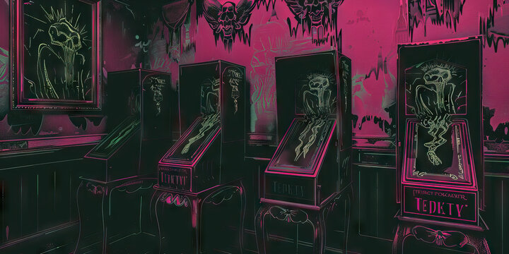 Stylized Artwork of Cabinets Displaying Skeletal Figures