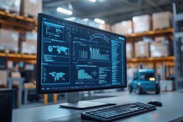 Large monitor displays logistics data; graphs, charts & world map. Shows real-time inventory, shipment tracking, and global supply chain management.