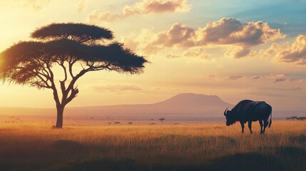 Fototapeta premium Buffalo Under Tall Trees in Savanna Landscape