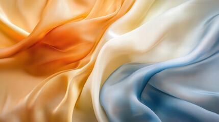 Obraz premium Luxurious silk fabric in vibrant shades of orange, yellow, and blue with ample space for text and creative design possibilities. Generative AI