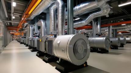 Naklejka premium Row of industrial generators in a facility. Illustrates large-scale power generation and industrial infrastructure.