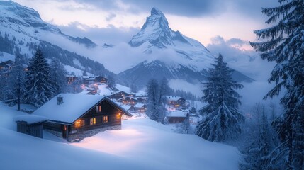 Fototapeta premium A serene winter landscape featuring a cozy cabin, snow-covered mountains, and twilight skies.