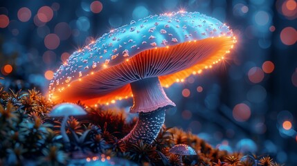 Glowing blue mushroom in dark forest with orange lights.