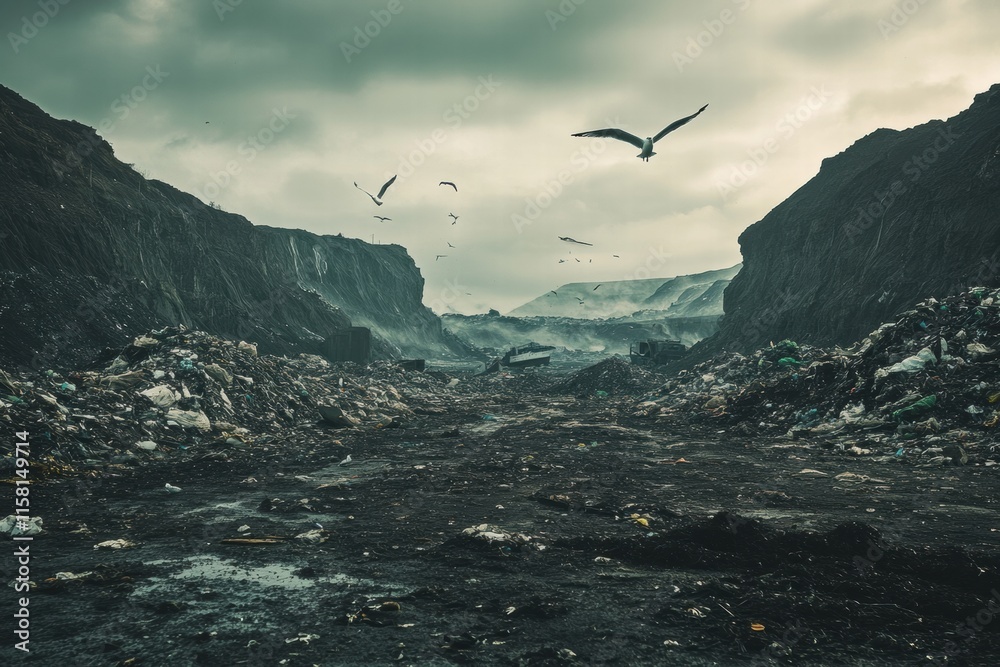 Poster Seagulls soar above a vast landfill with large piles of waste on an overcast day in a desolate landscape. Generative AI