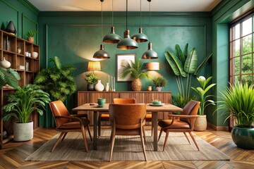 Fototapeta premium Mid Century Modern Scandinavian Dining Room, Tropical Plants, Leather Chairs, Boho Decor, Green Ecology