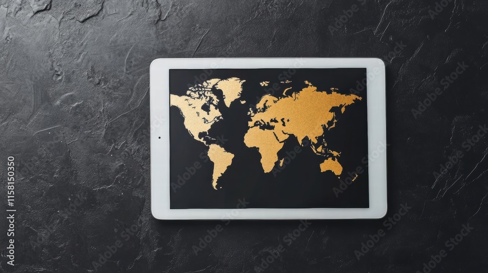 Poster Explore the world with a modern tablet displaying a detailed gold world map set on a sleek dark background. Generative AI