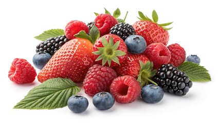 Obraz premium Fresh mixed berries including blueberries, raspberries, and blackberries, on a clean white background. 