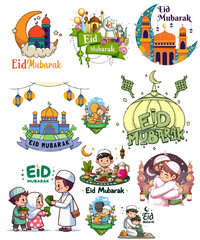 Obraz premium 🕌 Eid Mubarak Cartoon Set A vector collection of Eid al-Fitr and Eid al-Adha illustrations, featuring mosques, moon, ketupat, and Muslim children. Ideal for celebration, holiday, and Ramadan concepts
