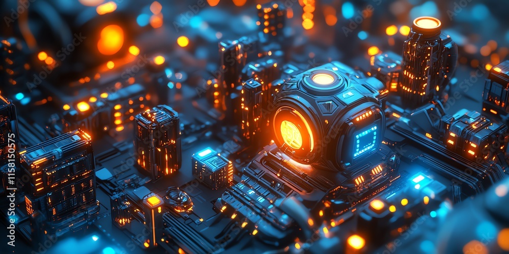 Poster A futuristic cityscape with glowing circuits and structures, emphasizing advanced technology.