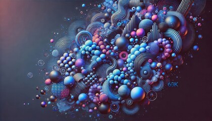 Vibrant blue and purple abstract shapes and dots on a dark slate background, a mix of random and structured forms