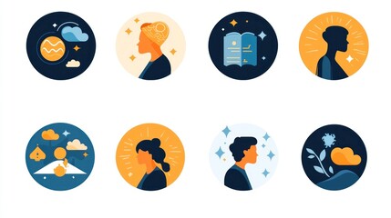 Fototapeta premium Colorful and Creative Illustration of People, Nature, and Learning Concepts in Circular Designs Featuring Various Symbolic Elements and Soft Colors