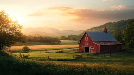 A serene sunset over a red barn in a lush landscape with rolling hills.