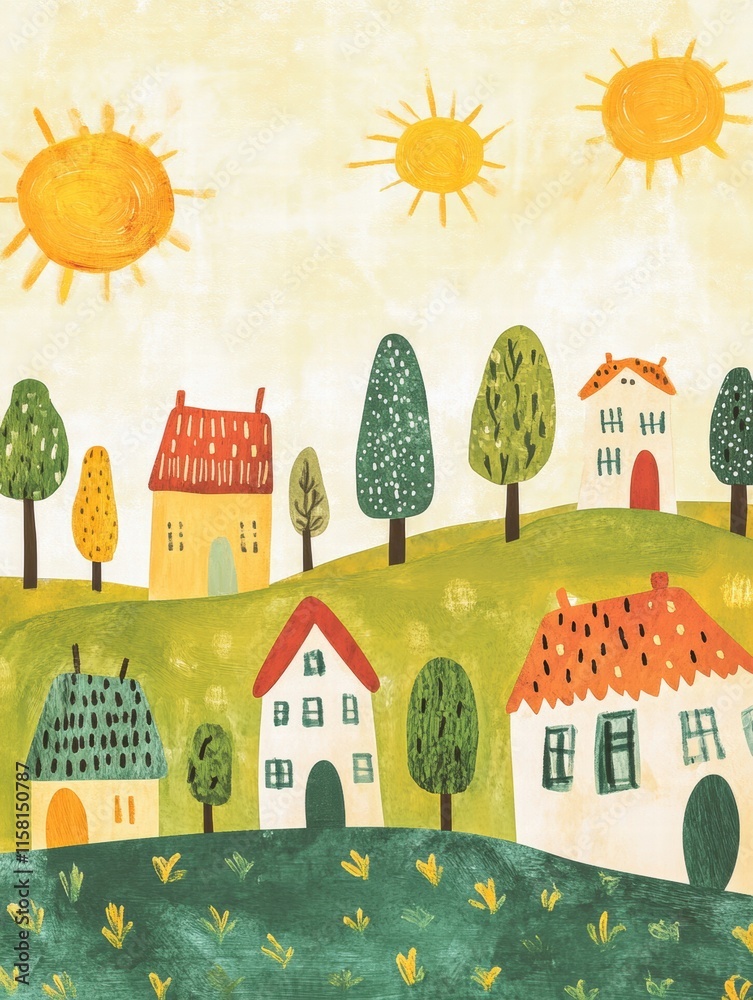 Poster Colorful naive art style landscape background with houses and sun creating a cheerful atmosphere for text inclusion and mock up. Generative AI