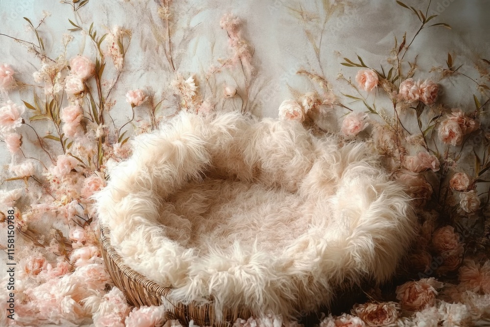 Wall mural Digital background for newborn photos with empty fluffy round Moses' bed.