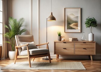 Minimalist Wooden Living Room: Armchair, Drawer, Lamp, Poster - Modern Interior Design