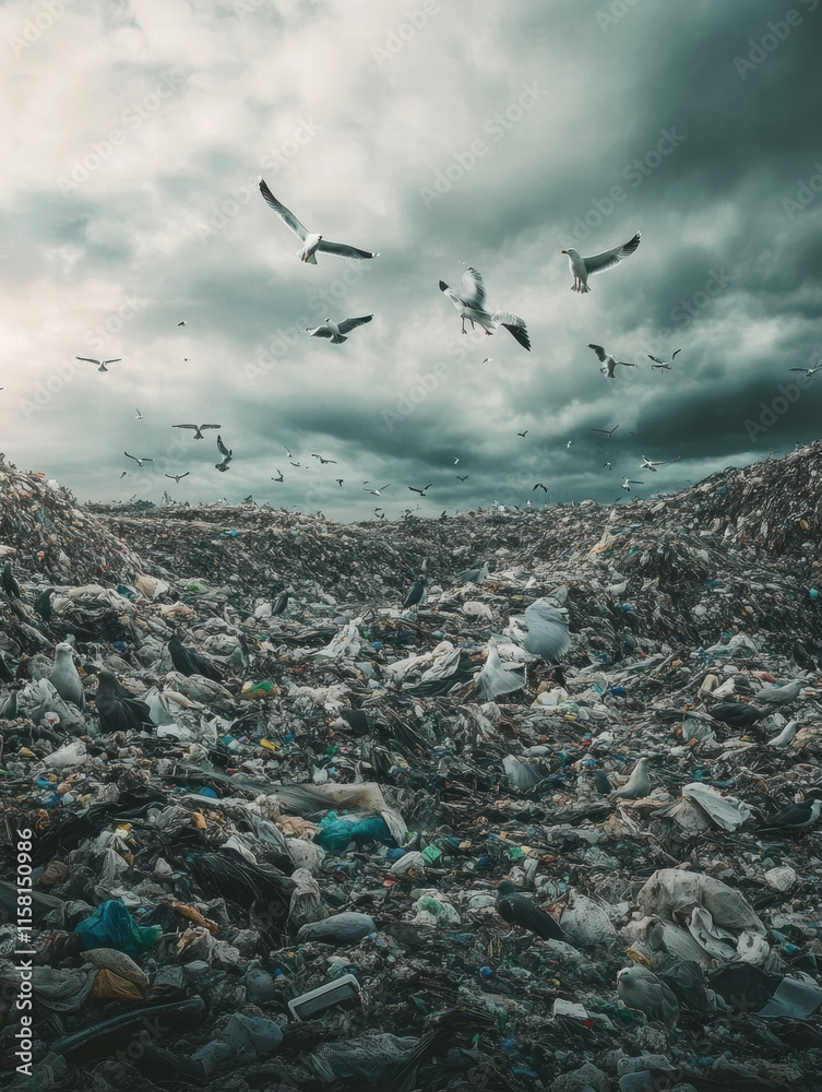 Poster seagulls soaring over a vast landfill on a cloudy day, showcasing environmental impact with ample sp