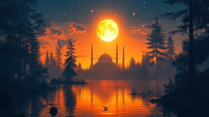Illustration mosque, starry night theme