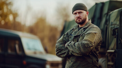 Fototapeta premium Soldier in uniform standing alert with serious expression, symbolizing vigilance and readiness in military context.