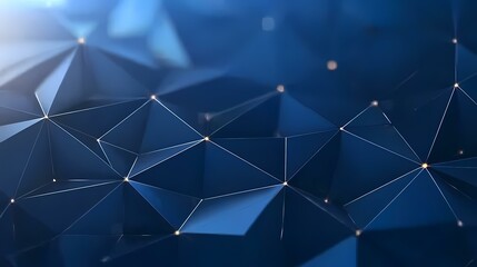 The image shows an abstract background of dark blue, geometric shapes forming a complex, interconnected network with glowing points of light.