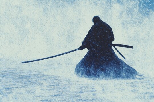 A 3D illustration of an Iaido master drawing a katana in a dramatic action pose, with realistic folds in their hakama