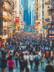 Obraz premium Overcrowded city streets filled with bustling people create a vibrant urban atmosphere during the day. Generative AI