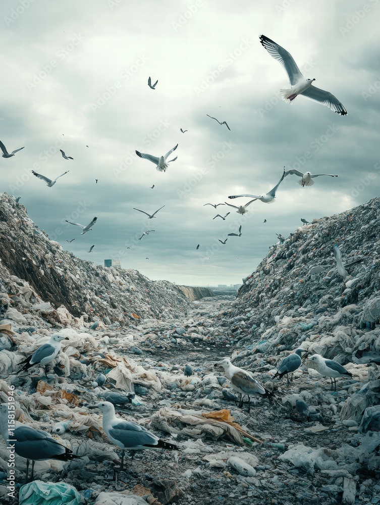 Poster seagulls soar over a massive landfill as litter and debris accumulate under a cloudy sky. generative