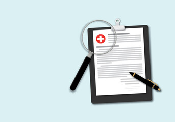 Magnifier with medical document, clipboard and pen. Concept for health insurance, medical report, clinical record and prescription. copy space for text. shadow overlay. Paper art design style.