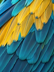 Obraz premium Close-up view reveals the stunning texture and colors of a macaw's feathers, blending blue and yellow in intricate patterns under the warm sunlight.