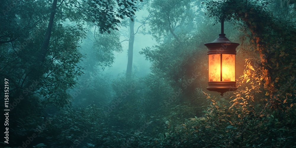 Aufkleber a glowing lantern illuminates a misty forest, creating a serene and mysterious atmosphere.