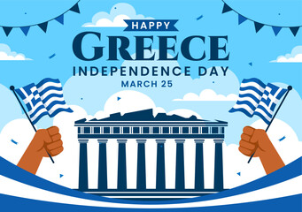 Happy Greece Independence Day Vector Illustration on March 25th, featuring the Greek Flag and Ribbon in a National Holiday Flat Style Background