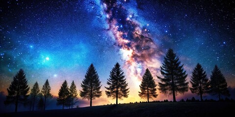 Fototapeta premium Night Photography Tree Line Silhouette, Dark Forest, Starry Sky, Moonlit Trees, Mystical Woods, Night Landscape, Scenic Nature